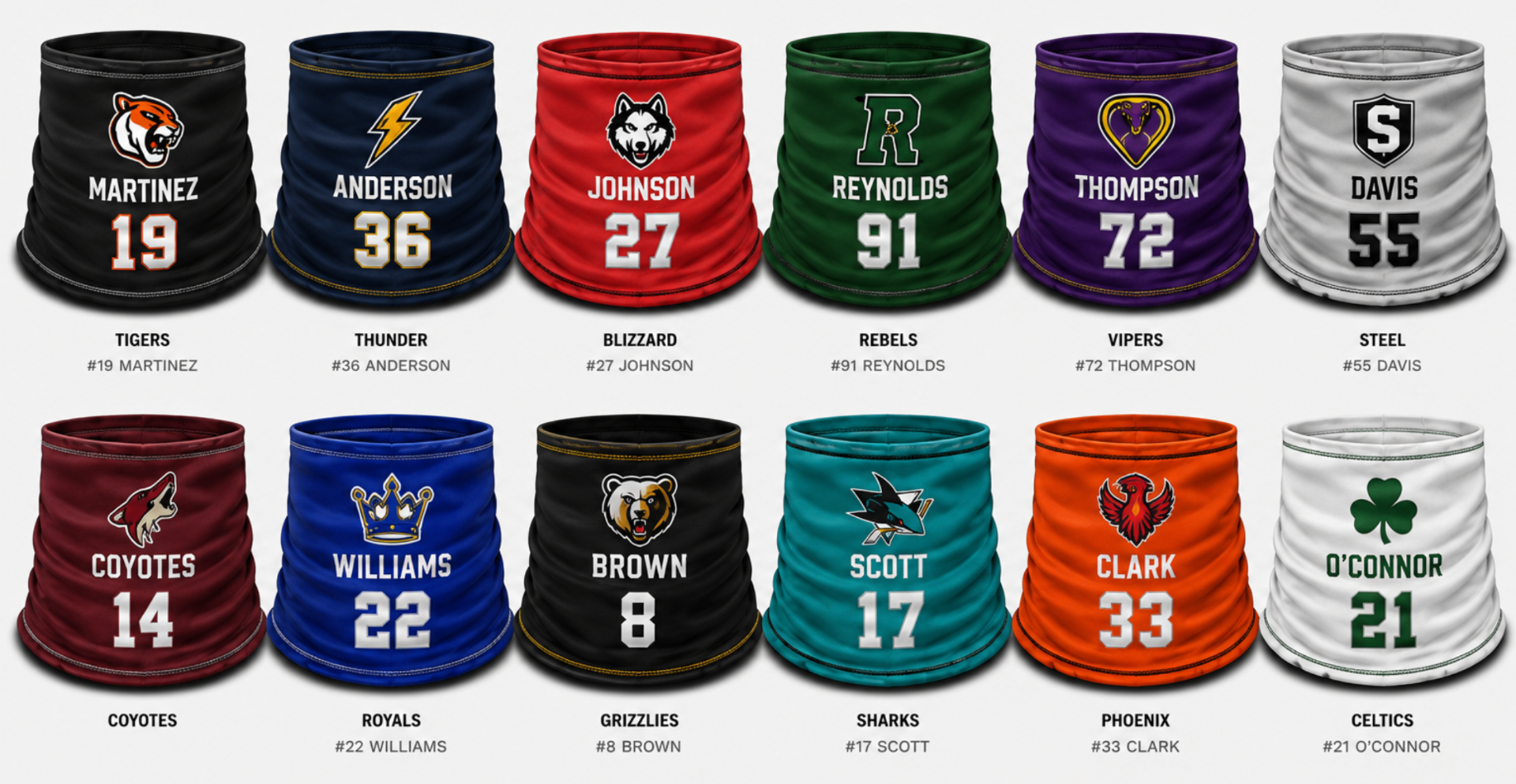 Nine custom Nex Hockey neckguards with team logos, player names, and numbers