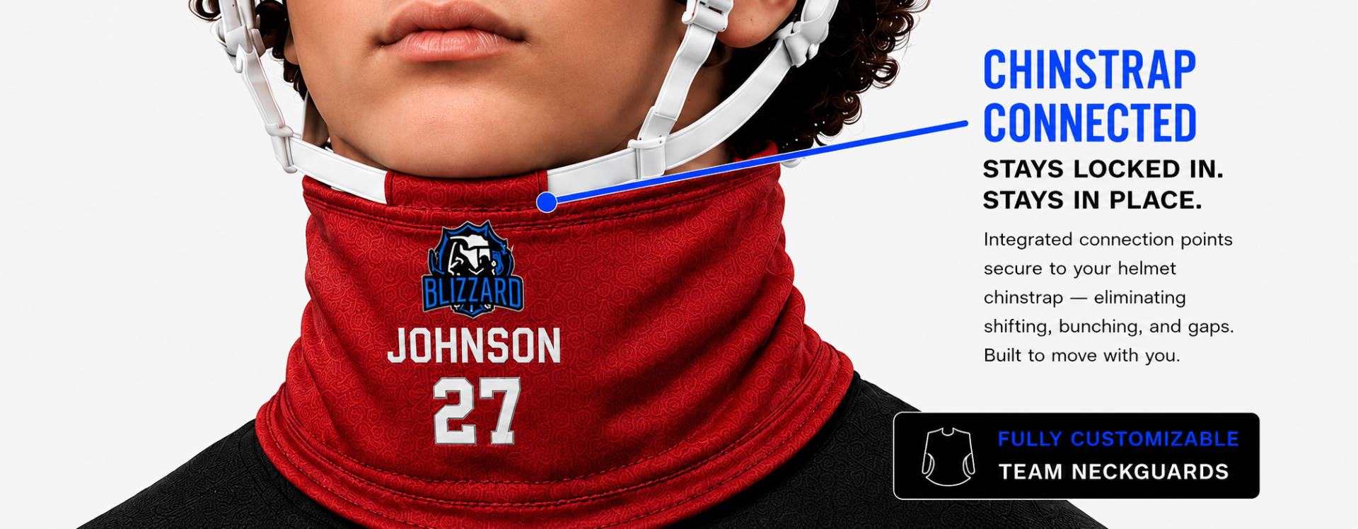 Athlete wearing a custom Nex Hockey neckguard connected to helmet chinstrap